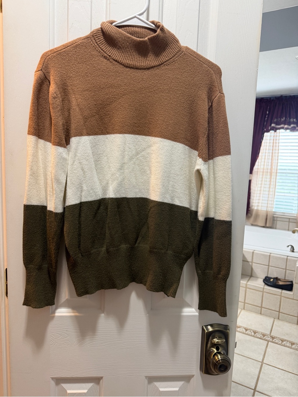 Colorblock Turtleneck Sweater - Brown, Cream & Olive